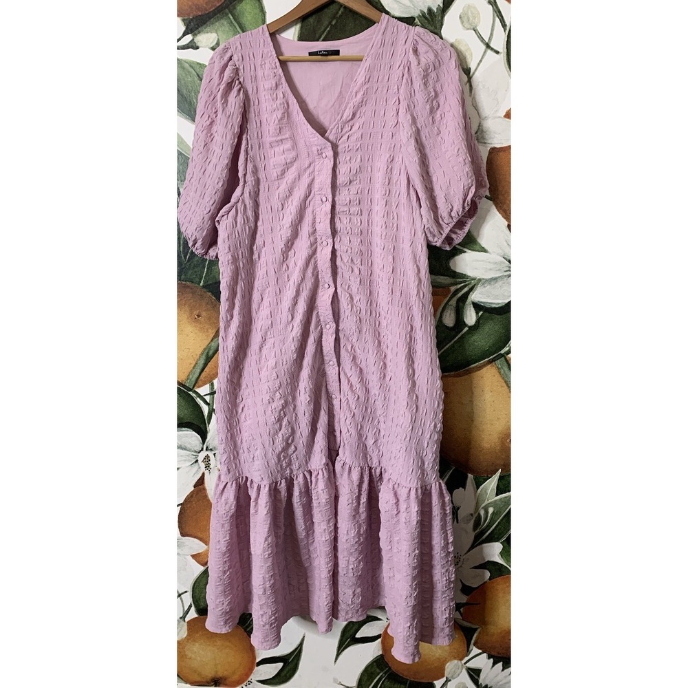 Lulus Small Pink Button Front Short Sleeve Textured Drop Waist Dress